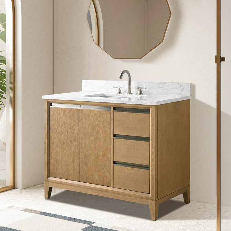 Natural Oak Single Sink Bathroom Vanity with Marble Top