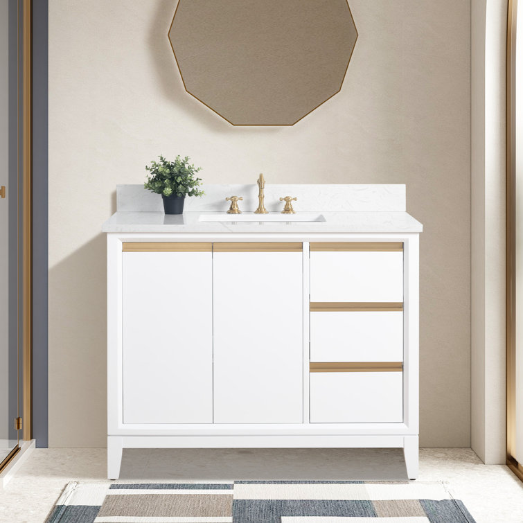 42" White MDF Freestanding Bathroom Vanity with Engineered Marble Top