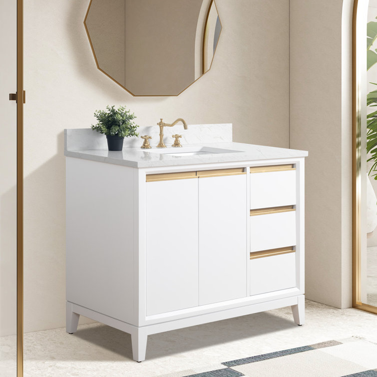 42" White MDF Freestanding Bathroom Vanity with Engineered Marble Top