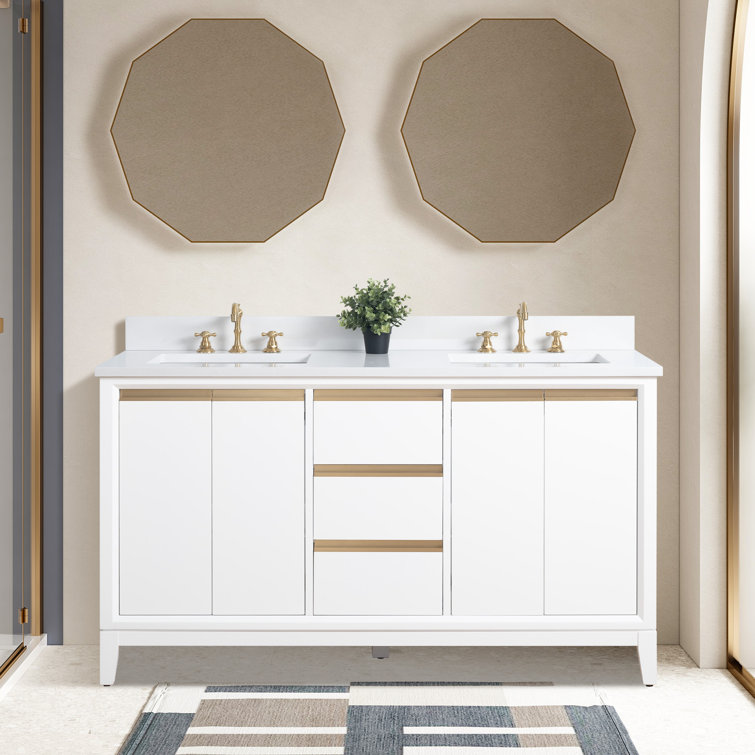 60" White Double Sink Bathroom Vanity with Engineered Marble Top