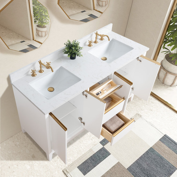 60" White Double Sink Bathroom Vanity with Engineered Marble Top