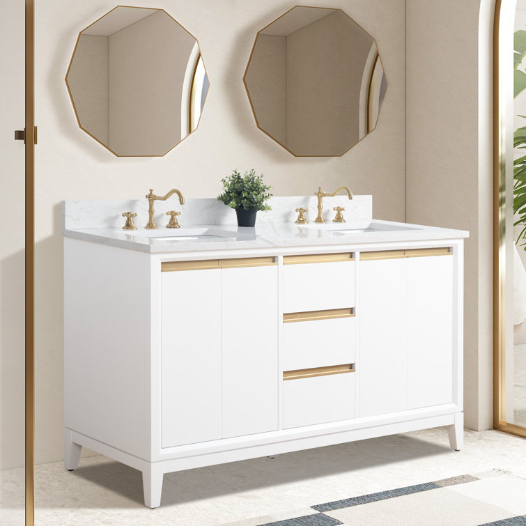 60" White Double Sink Bathroom Vanity with Engineered Marble Top