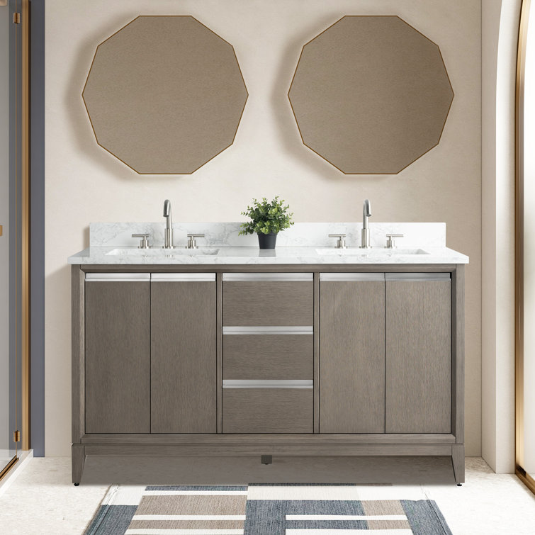 Driftwood Gray Double Sink Bathroom Vanity with Marble Top