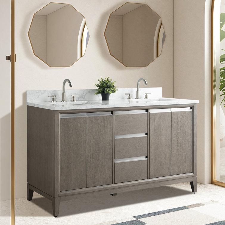 Driftwood Gray Double Sink Bathroom Vanity with Marble Top
