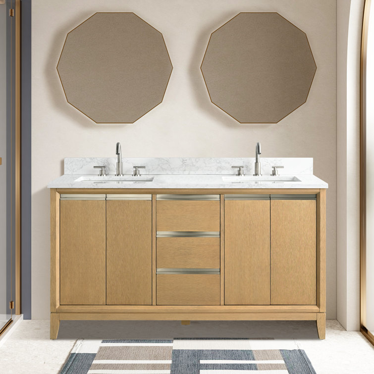 60" Natural Oak Double Sink Bathroom Vanity with Engineered Marble Top