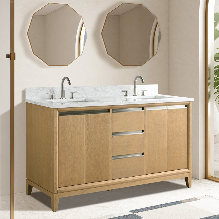 60" Natural Oak Double Sink Bathroom Vanity with Engineered Marble Top