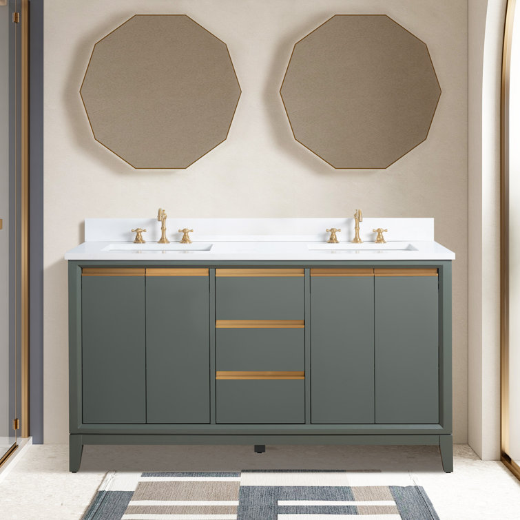 60" Vintage Green Double Sink Bathroom Vanity with Engineered Marble Top
