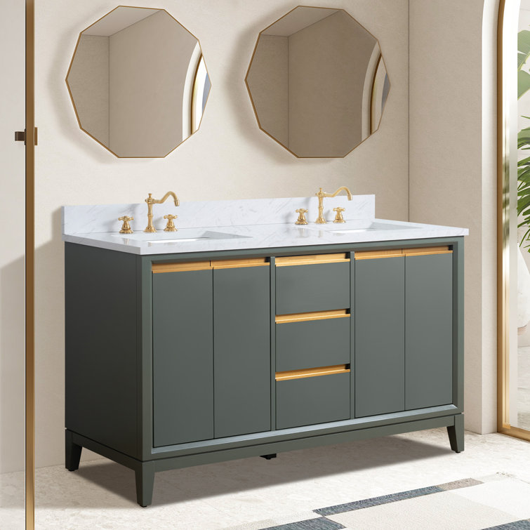 60" Vintage Green Double Sink Bathroom Vanity with Engineered Marble Top