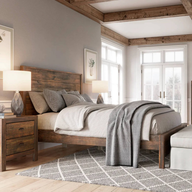 Rustic Walnut Queen Pine Wood Panel Bed with Headboard
