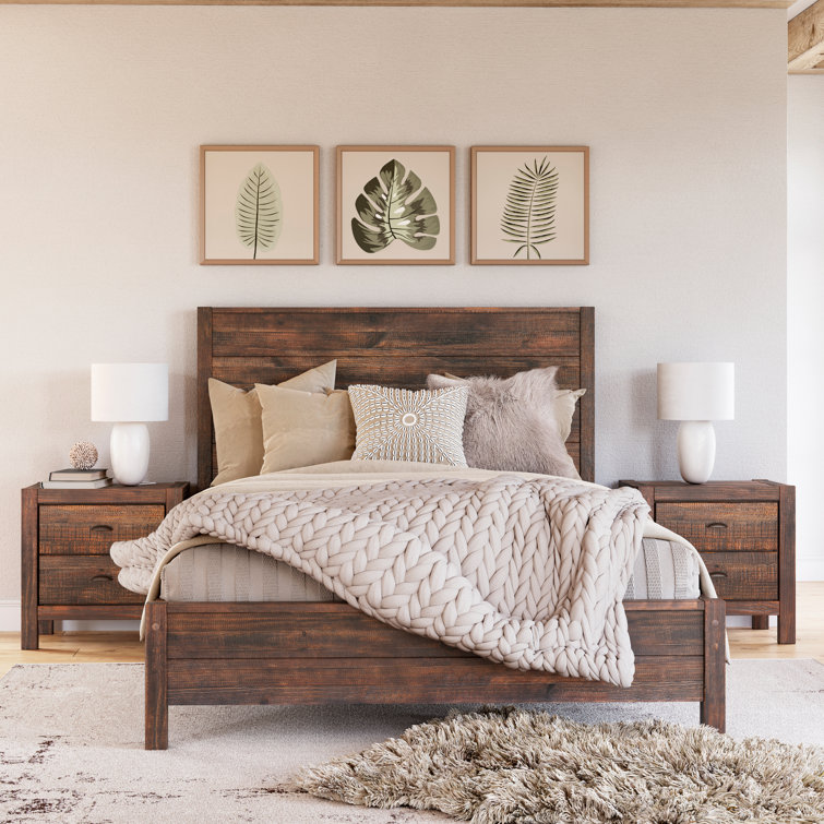 Rustic Walnut Queen Pine Wood Panel Bed with Headboard