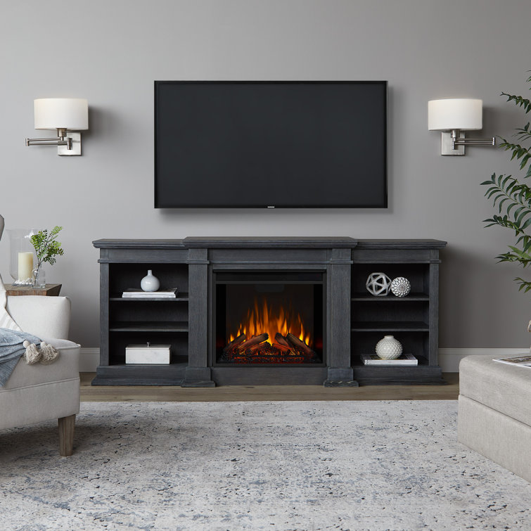 Antique Gray Wood TV Stand with Electric Fireplace
