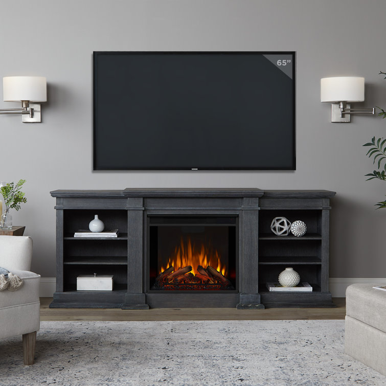 Antique Gray Wood TV Stand with Electric Fireplace
