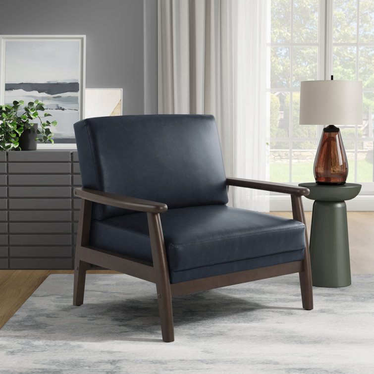 Navy Blue Faux Leather Barrel Accent Chair with Wood Frame
