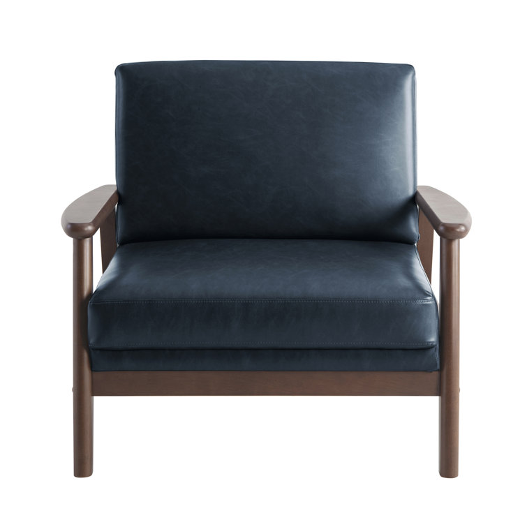 Navy Blue Faux Leather Barrel Accent Chair with Wood Frame