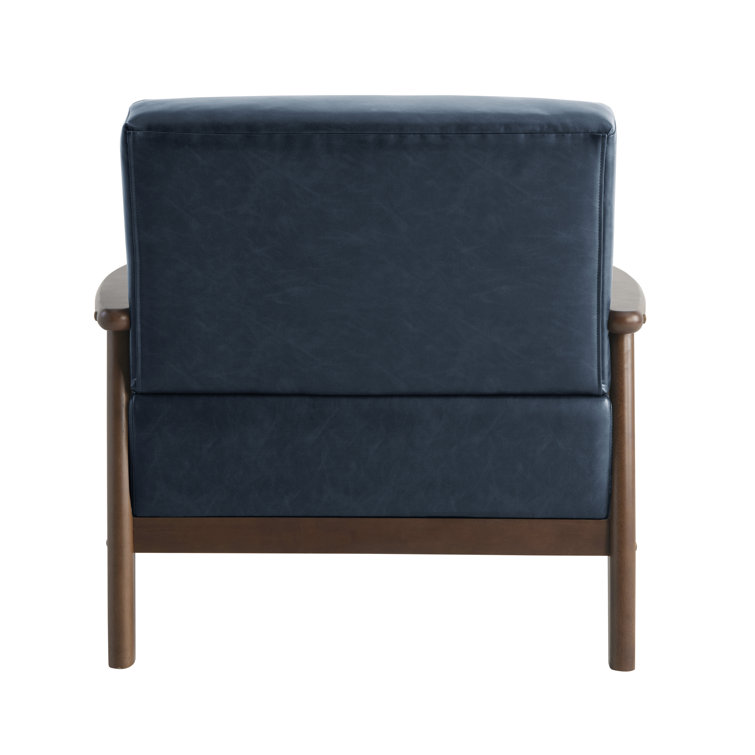 Navy Blue Faux Leather Barrel Accent Chair with Wood Frame
