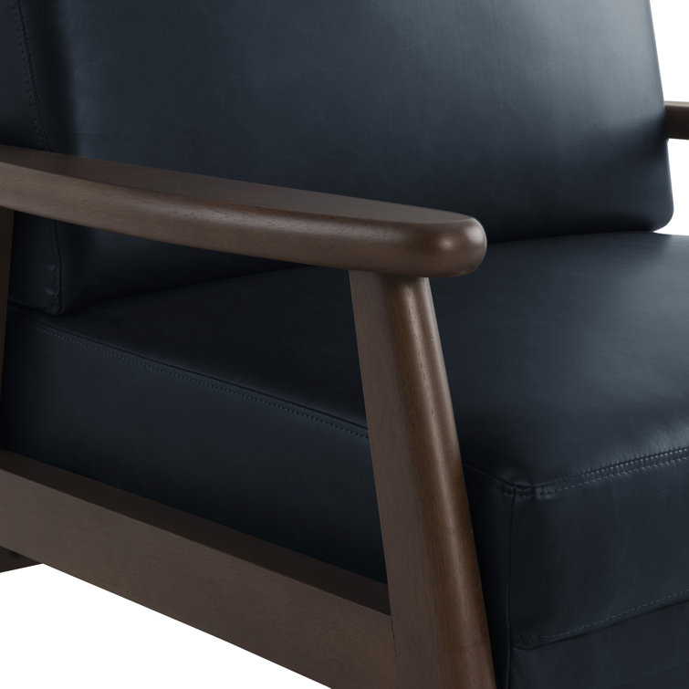 Navy Blue Faux Leather Barrel Accent Chair with Wood Frame