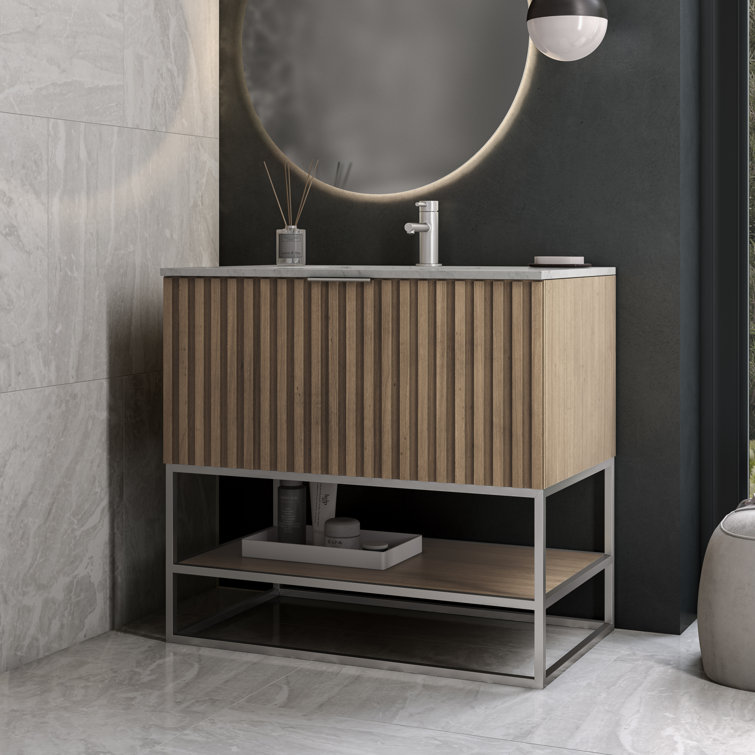 Cashmere Gray Fluted Single Vanity with Carrara Marble Top