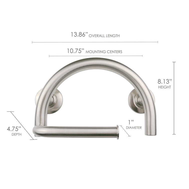 Brushed Nickel Satin Curved Grab Bar with Toilet Paper Holder
