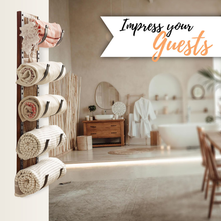 Rustic Brown Wood and Metal Wall Mounted Towel Rack