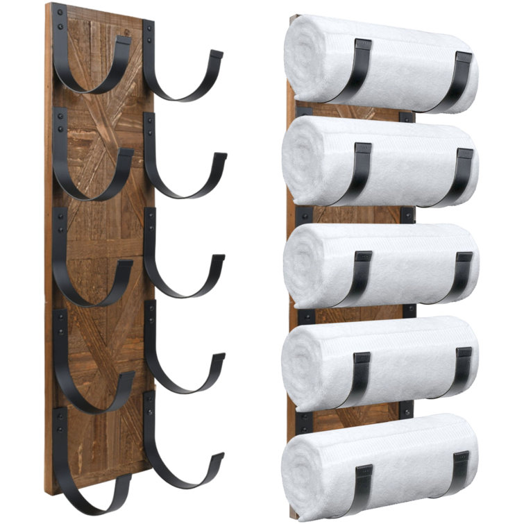Rustic Brown Wood and Metal Wall Mounted Towel Rack