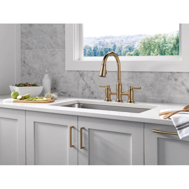 Champagne Bronze Bridge Kitchen Faucet with Pull-out Spray