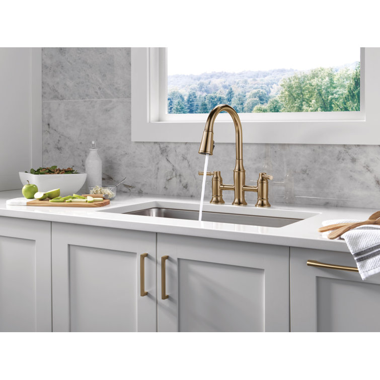 Champagne Bronze Bridge Kitchen Faucet with Pull-out Spray