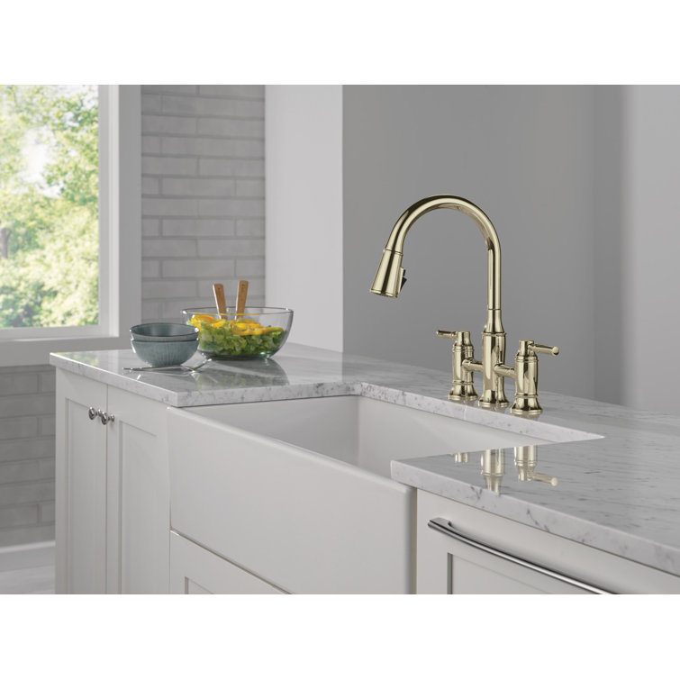 Polished Nickel Double Handle Bridge Kitchen Faucet with Pull-out Spray