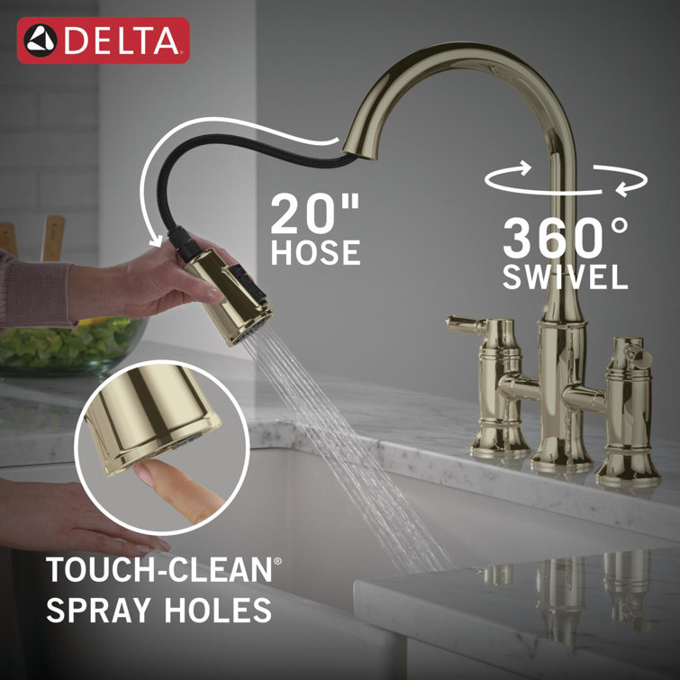 Polished Nickel Double Handle Bridge Kitchen Faucet with Pull-out Spray