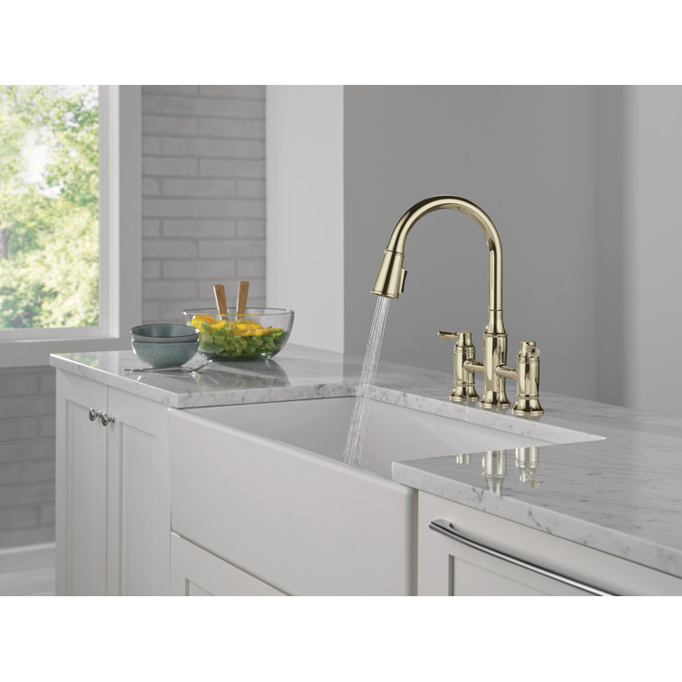 Polished Nickel Double Handle Bridge Kitchen Faucet with Pull-out Spray
