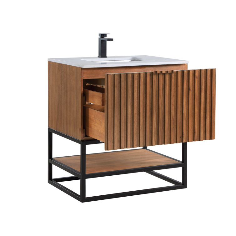 Walnut and White Quartz Single Bathroom Vanity with Matte Black Hardware