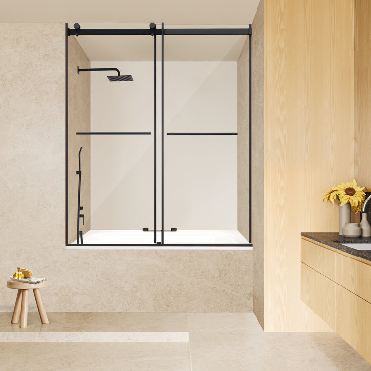 Belizzi 60" Matte Black Frameless Tub Door with Clear Glass
