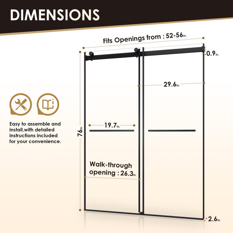 Belizzi 56" Matte Black Frameless Shower Door with Clear Glass