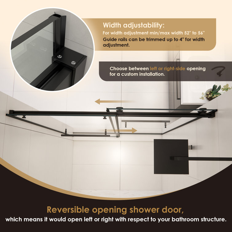 Belizzi 56" Matte Black Frameless Shower Door with Clear Glass