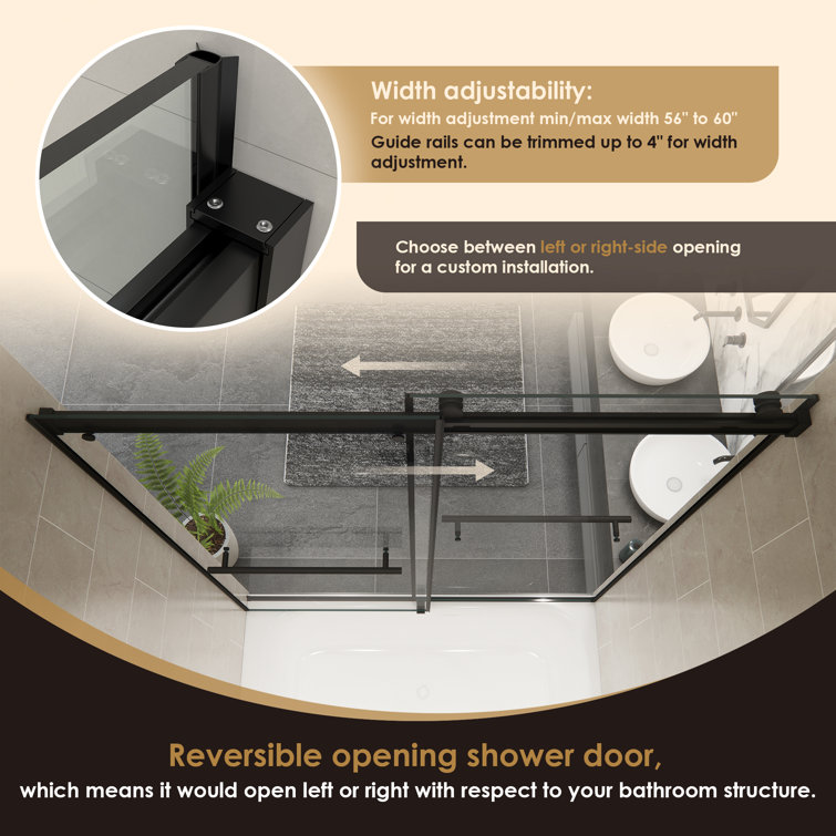 Belizzi 60" Matte Black Frameless Tub Door with Clear Glass