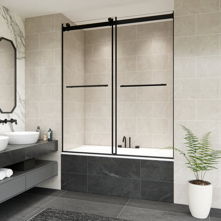 Belizzi 60" Matte Black Frameless Tub Door with Clear Glass