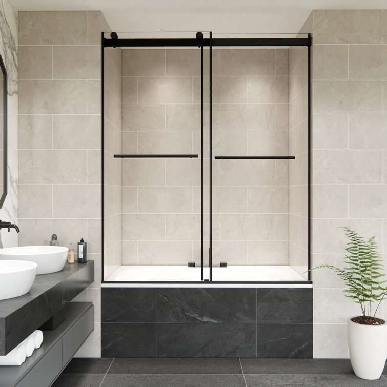 Belizzi 60" Matte Black Frameless Tub Door with Clear Glass