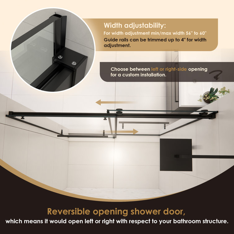 Belizzi 60" Matte Black Frameless Shower Door with Clear Glass