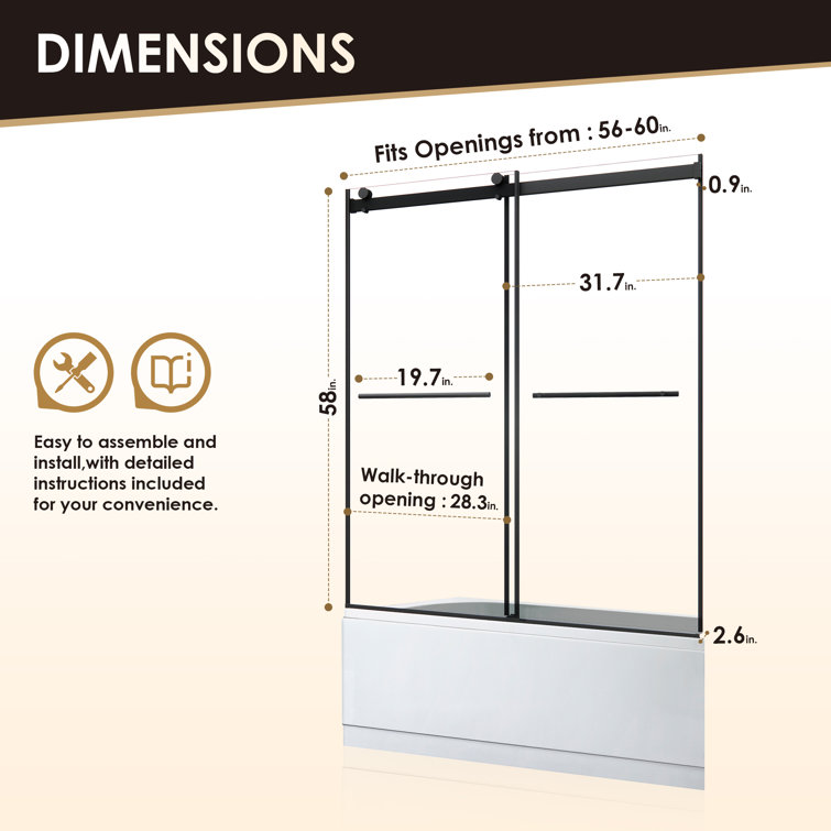 Belizzi 60" Matte Black Frameless Tub Door with Clear Glass