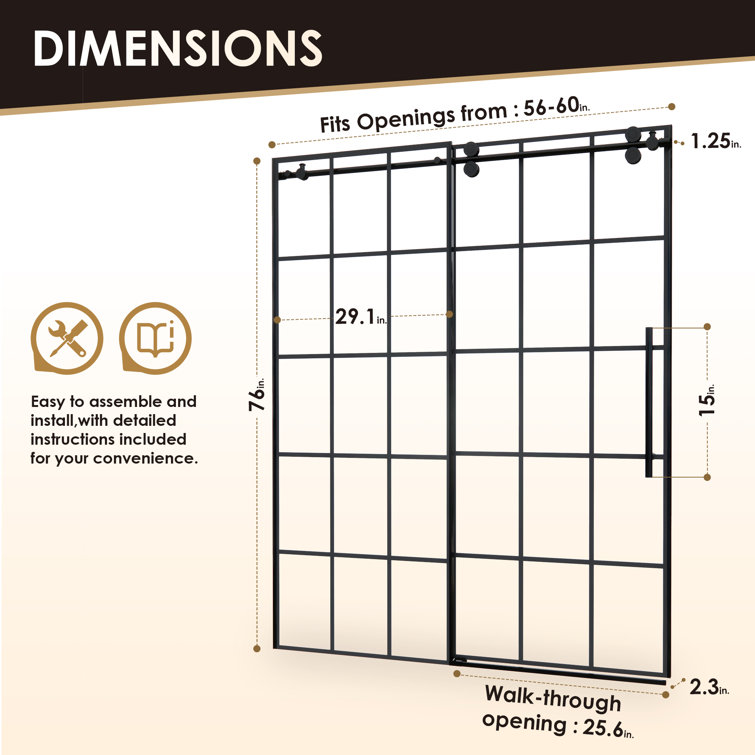 Esense 60" Matte Black Frameless Sliding Shower Door with Clear Glass