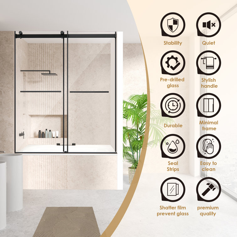 Belizzi 60" Matte Black Frameless Tub Door with Clear Glass