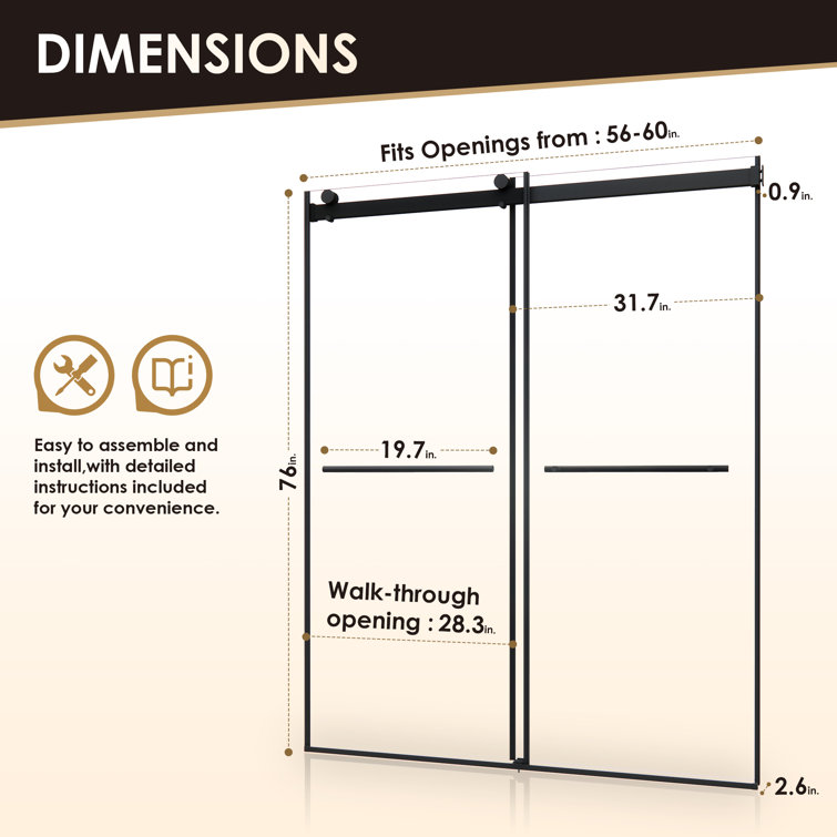 Belizzi 60" Matte Black Frameless Shower Door with Clear Glass