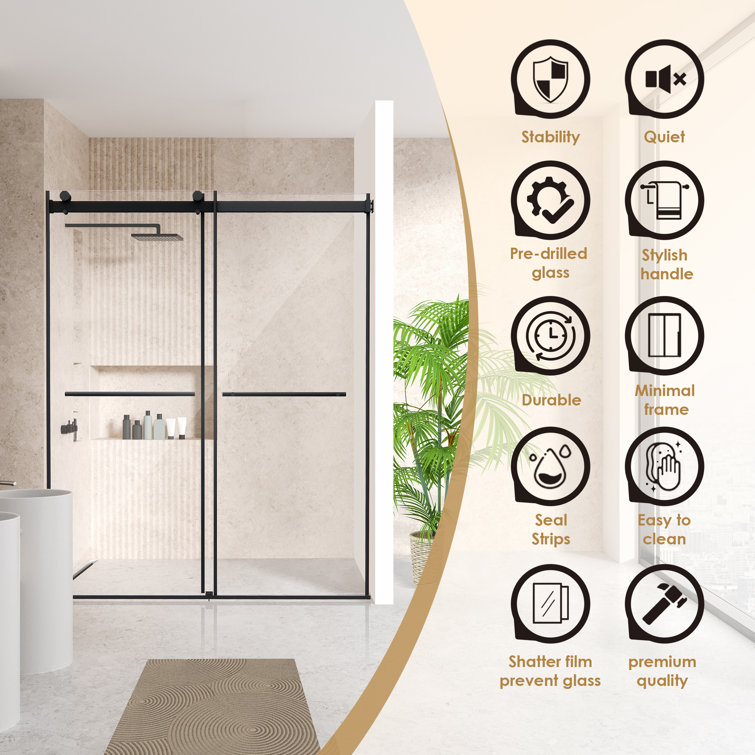 Belizzi 60" Matte Black Frameless Shower Door with Clear Glass