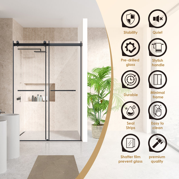 Belizzi 52" Matte Black Frameless Shower Door with Clear Glass