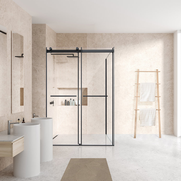 Belizzi 52" W x 76" H Frameless Matte Black Shower Enclosure with Clear Glass