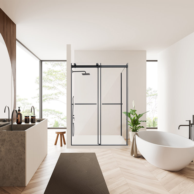 Belizzi 52" W x 76" H Frameless Matte Black Shower Enclosure with Clear Glass