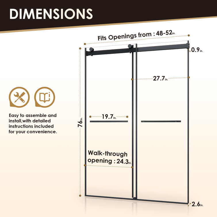 Belizzi 52" Matte Black Frameless Shower Door with Clear Glass
