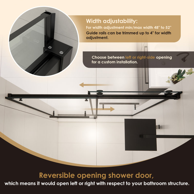 Belizzi 52" Matte Black Frameless Shower Door with Clear Glass