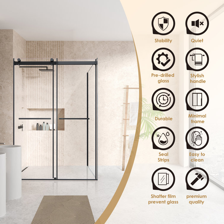 Belizzi 52" W x 76" H Frameless Matte Black Shower Enclosure with Clear Glass