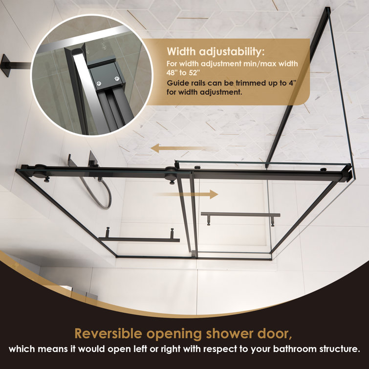 Belizzi 52" W x 76" H Frameless Matte Black Shower Enclosure with Clear Glass