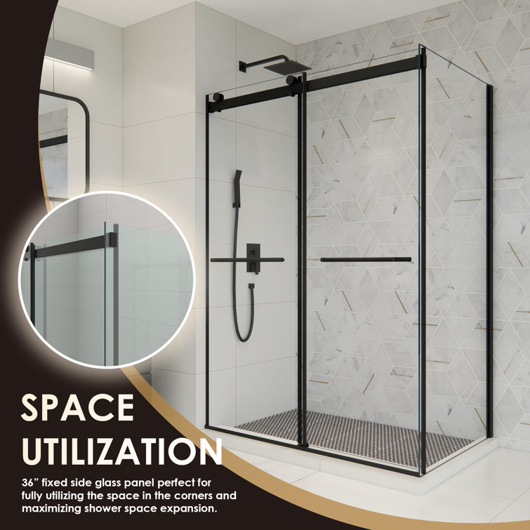 Belizzi 52" W x 76" H Frameless Matte Black Shower Enclosure with Clear Glass